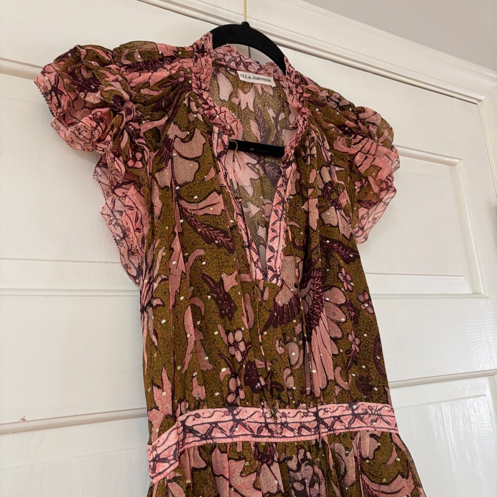 Ulla Johnson RARE Celestia Floral Batik Print Midi Dress Olive Ruffl Silk Size 6 - Picture 5 of 17
